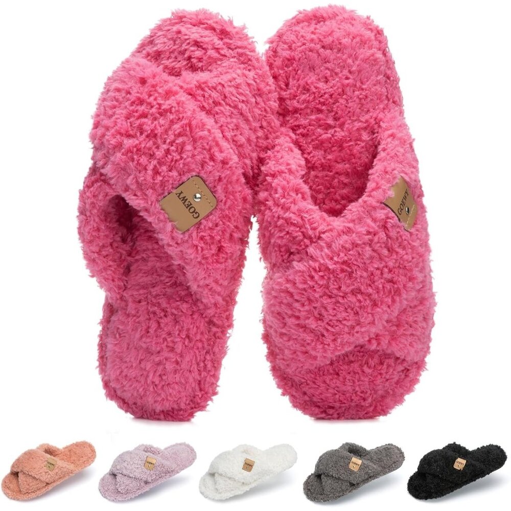 ⚡Women’s Rose‎ Red Faux Fur Cozy Fuzzy Cross Band Slippers Indoor House Shoes